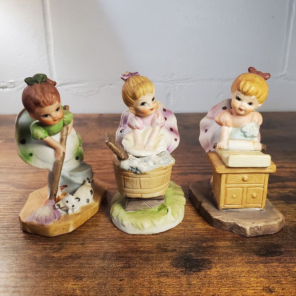 Vintage Lefton Petticoat Girls Porcelain Figurine Hand Painted Set Of 3